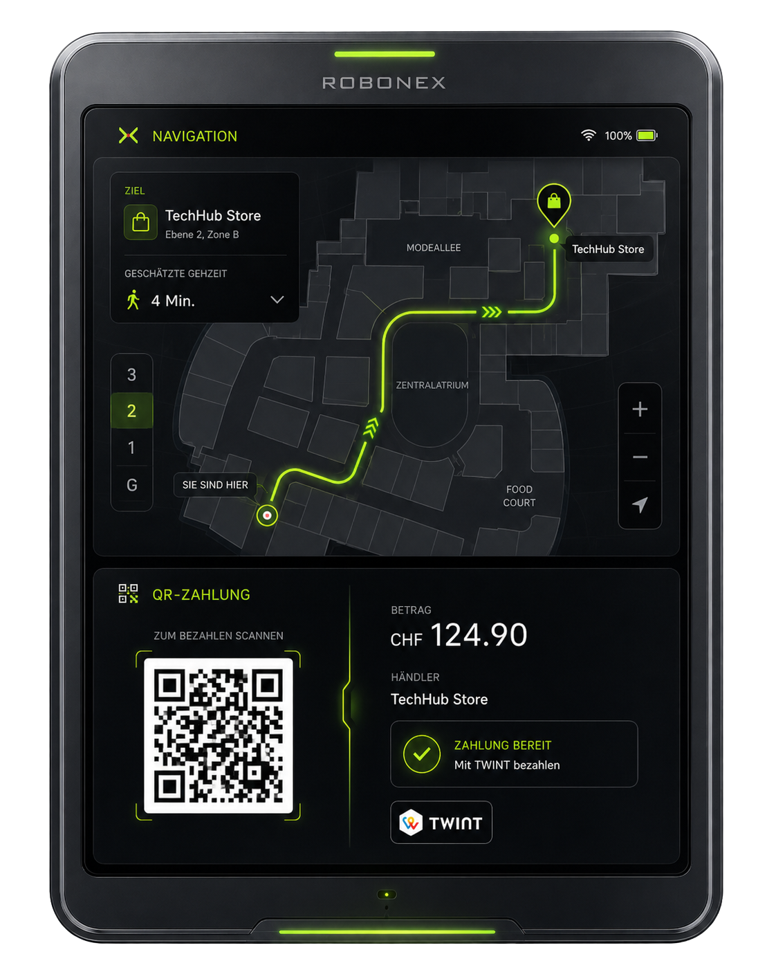 ROBONEX Demo-Tablet mit Navigation, Etagenplan und QR-Beispiel für Zahlung oder Übergabe